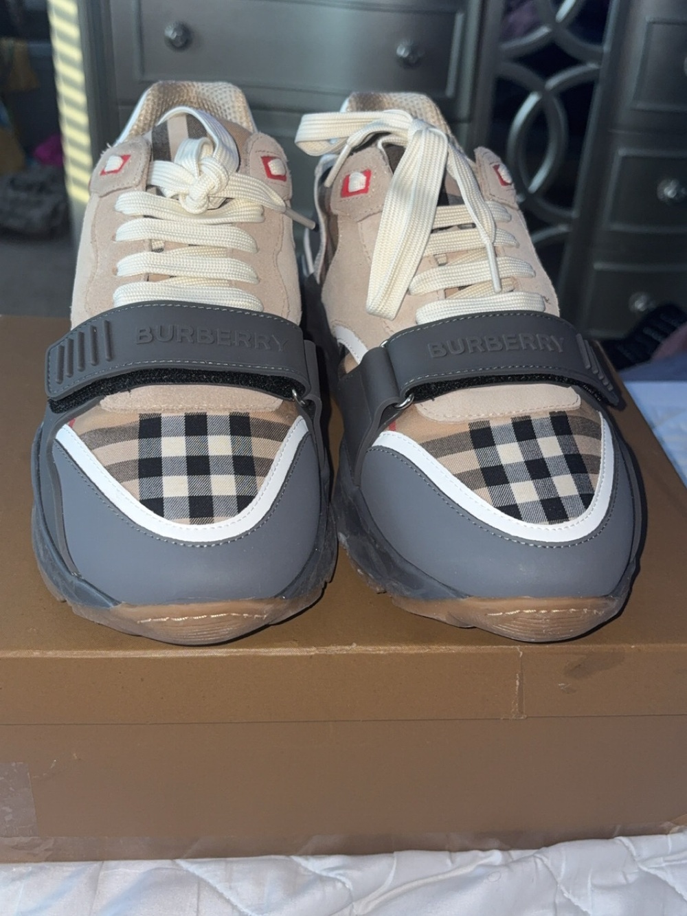 Burberry Beige, Gray & Black Check Kids Sneakers